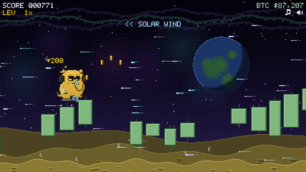 Decicat gameplay: a yellow pixel cat leaping over candlesticks on the moon