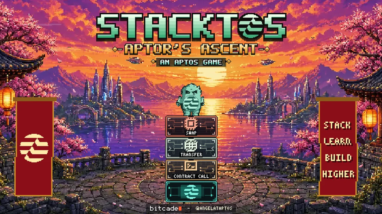 Stacktos title art: a pixel tower of Aptos transaction blocks at sunset